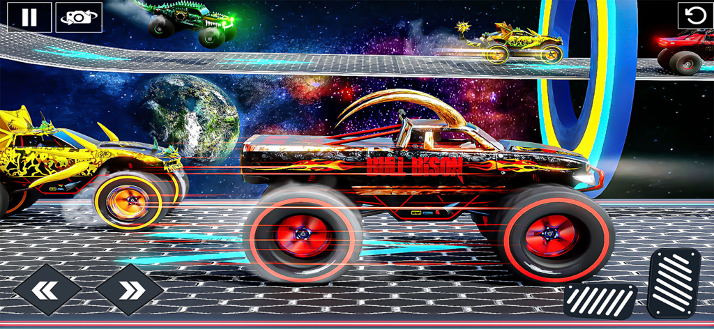 Alien Rescue : Galaxy Shooter - A monster truck named Bull Bison racing on a track in outer space with planets in the background.