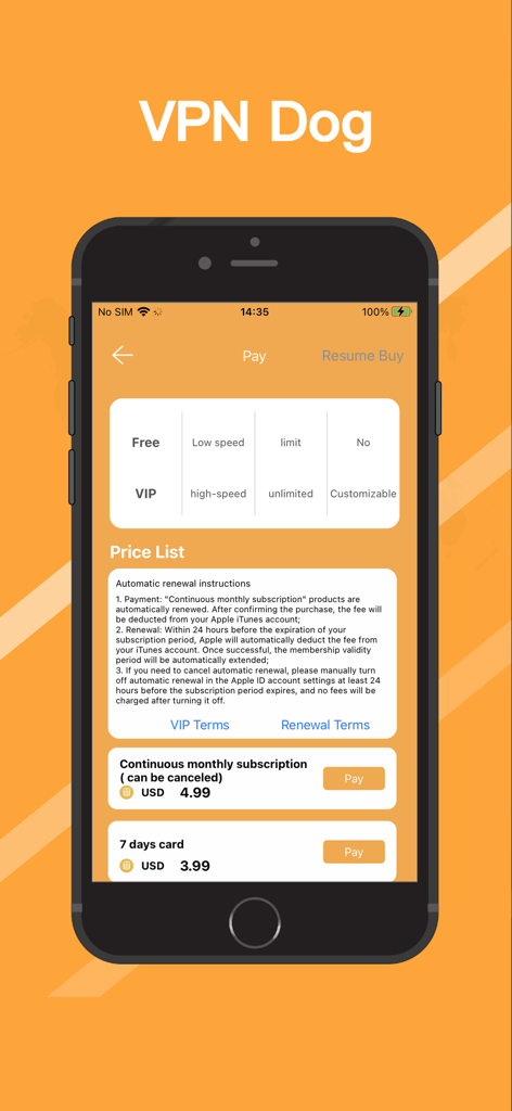 VPN Dog-Fast Unlimited Proxy - VPN Dog app pricing page showing VIP subscription options and free versus paid plan features.