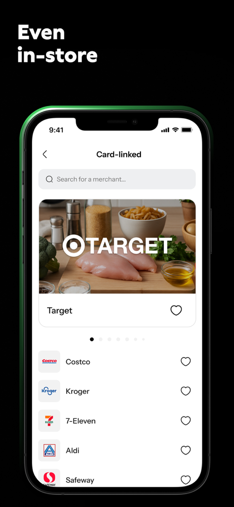 Joko | Cash back & discounts - Joko app screen showing card-linked in-store cashback offers for popular retailers like Target and Costco