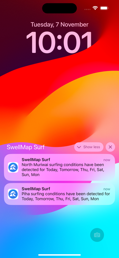 SwellMap Surf - iPhone lock screen showing SwellMap Surf app notifications for North Muriwai and Piha surfing conditions