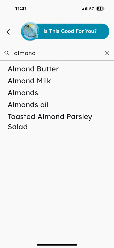 Resultados de búsqueda de productos de almendras en la interfaz de la aplicación móvil Crohns Disease plus