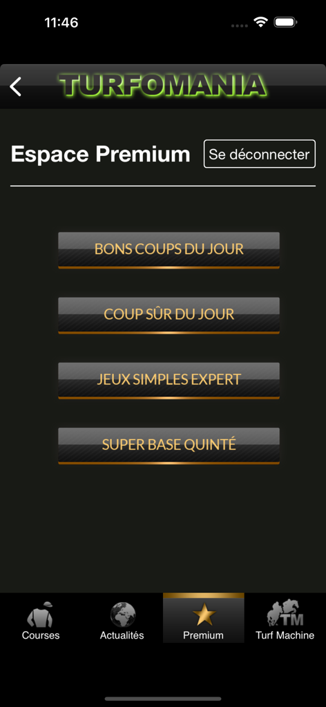 Turfomania - Turf et pronostic - Menu des fonctionnalités premium dans l'application de courses hippiques Turfomania