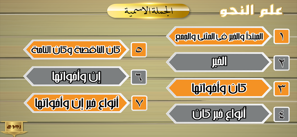 علم النحو - A menu screen from the Arabic Grammar app featuring a list of lessons on nominal sentences in Arabic.