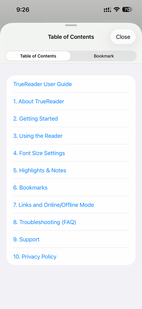 Table of contents screen in the True Epub app showing chapters for user guide highlights and notes
