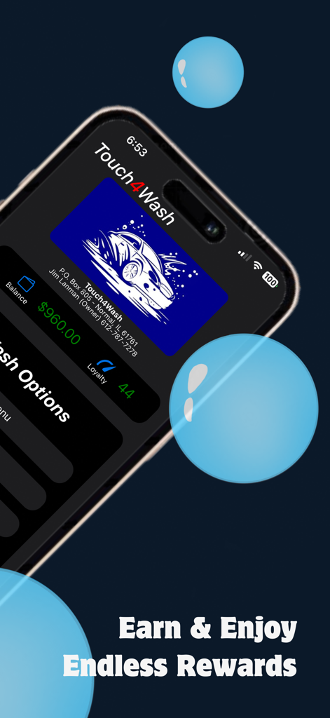 Touch4Wash - Touch4Wash app screen showing account balance and loyalty rewards points