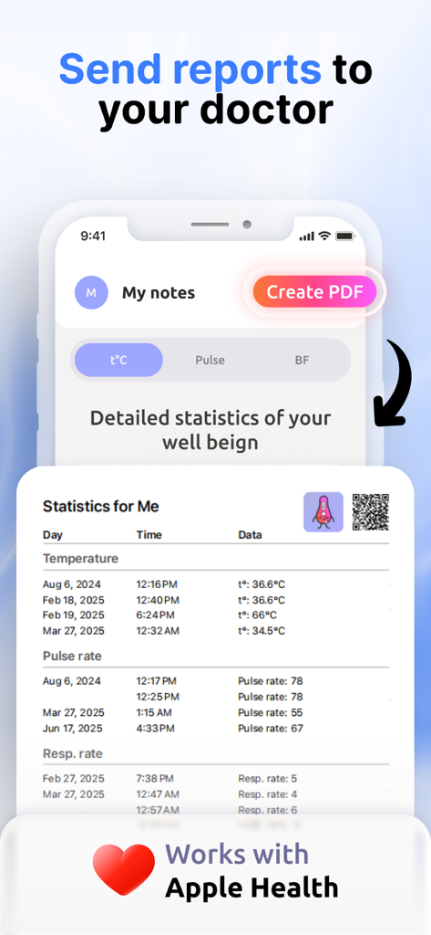 Thermometer - Body Temperature - Interfaz que muestra registros de datos de salud y un botón para crear PDF para exportar informes para un médico.