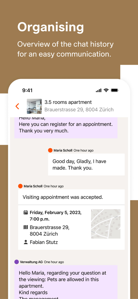 Flatfox mobile app chat screen showing an apartment viewing appointment confirmation and communication history
