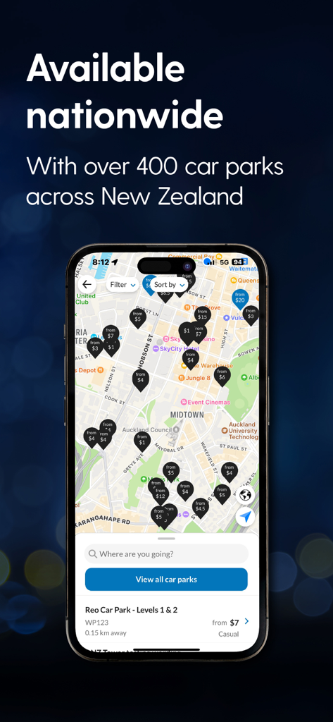 A mobile app screen showing a map of Auckland with available car park locations and prices.
