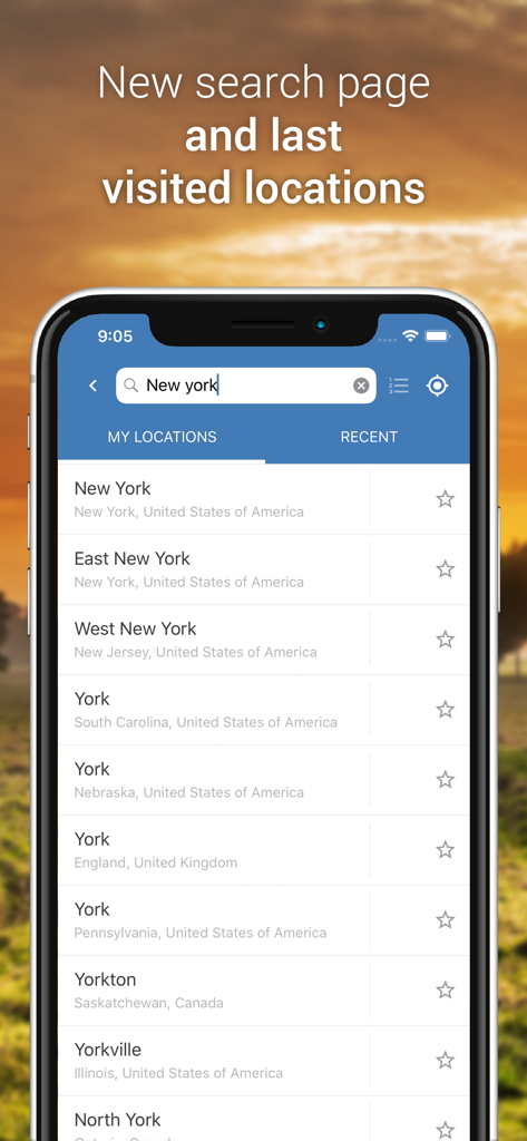 Oberfläche der 3B Meteo App, die eine Suchseite für Wetterorte mit New York als aktiver Abfrage zeigt.