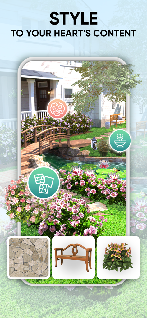 Garden Joy: Exterior Designer - 가든 조이의 다리와 꽃 연못을 특징으로 하는 정원 디자인 인터페이스