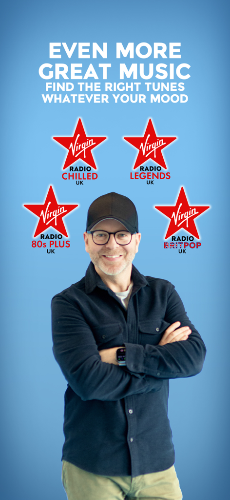 Pantalla promocional de Virgin Radio UK mostrando estaciones especializadas como Chilled, Legends, 80s Plus y Britpop.