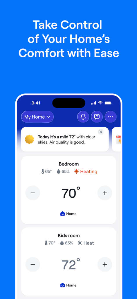 Carrier SmartHome 앱 대시보드, 여러 방의 원격 온도 및 HVAC 설정 표시