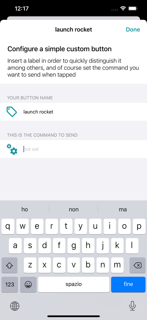 Screen to configure a custom button and command in the Bluetooth for Arduino app
