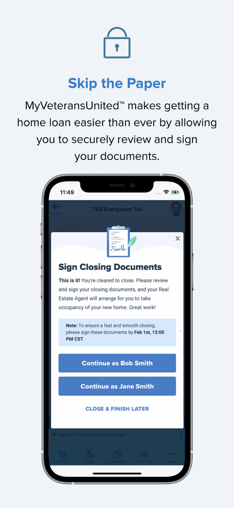 MyVeteransUnited app interface showing a mobile screen for securely signing VA home loan closing documents electronically.