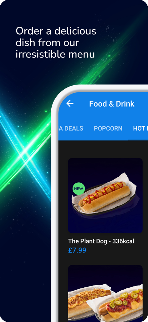 Interfaz de la aplicación móvil Odeon para pedir comida y bebidas, incluyendo un perrito caliente vegano.