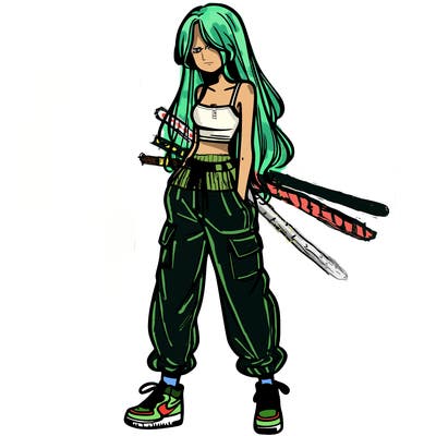 girl in baggy pants crop top and long hair