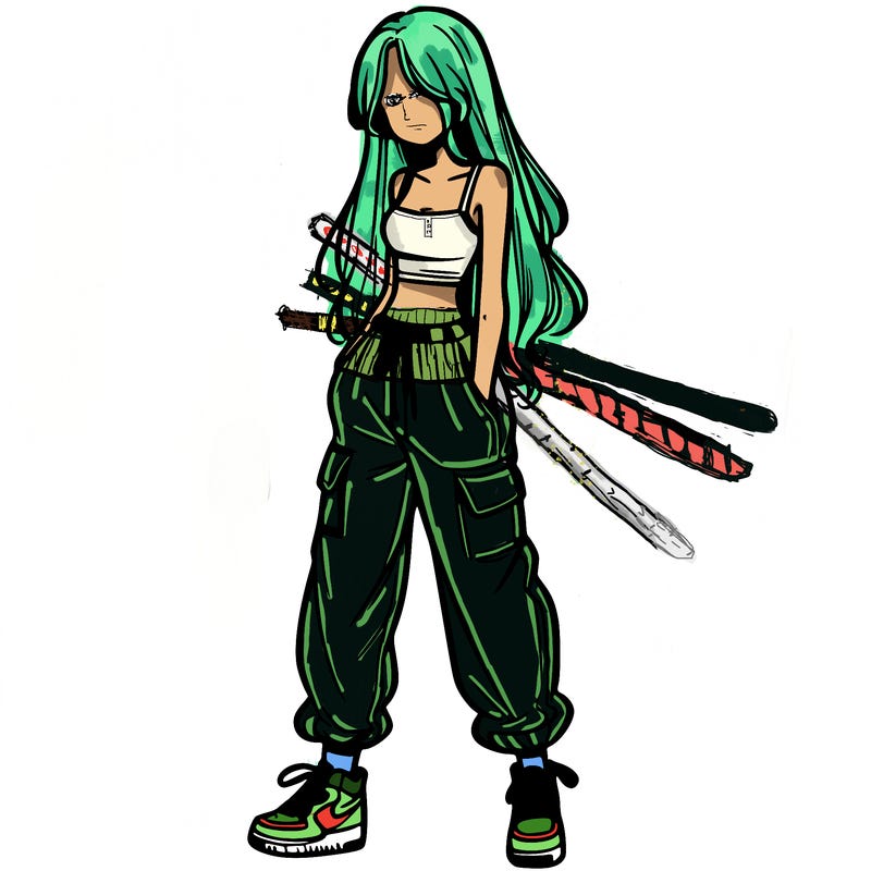girl in baggy pants crop top and long hair