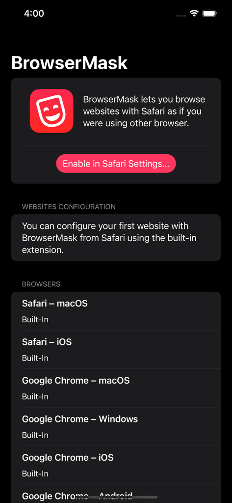BrowserMask for Safari - BrowserMask app interface showing available user agent options for Safari including Chrome and macOS versions