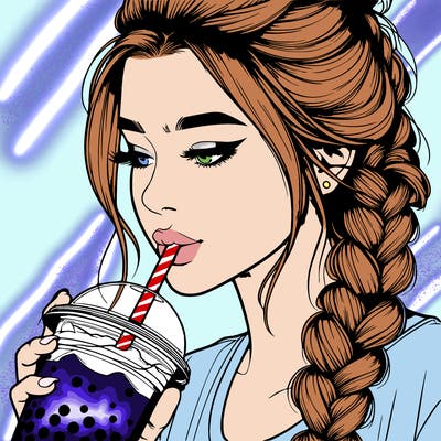 realistic girl drinking boba tea with braided hair