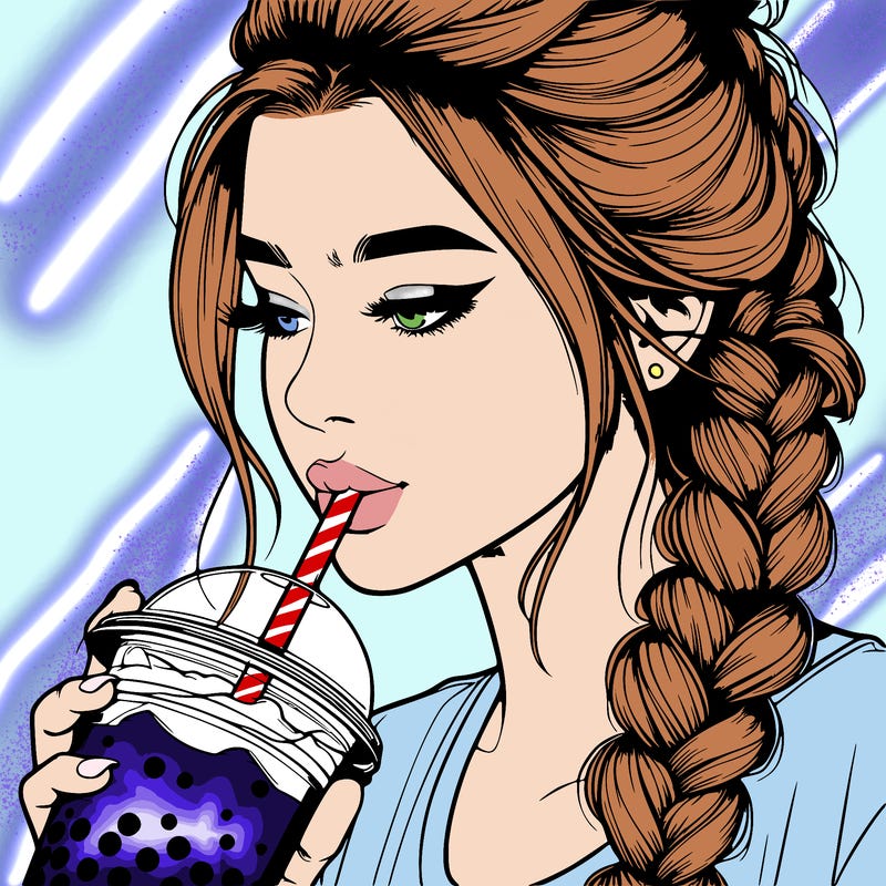 realistic girl drinking boba tea with braided hair