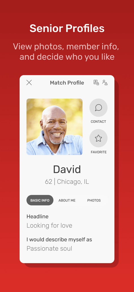Profilo di un uomo di 62 anni di nome David sull'applicazione mobile Incontri Senior.