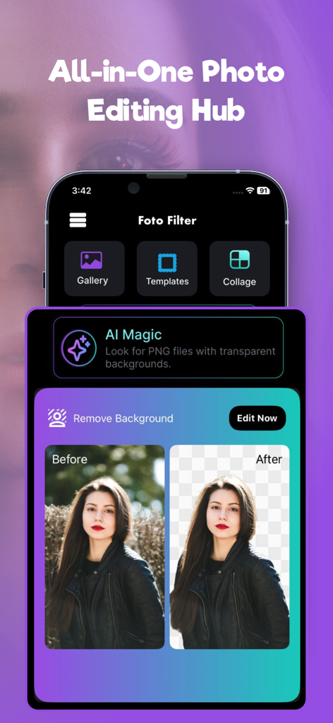 Interfaz de la aplicación que muestra la función de eliminación de fondo con IA con una comparación antes y después de una foto de retrato.