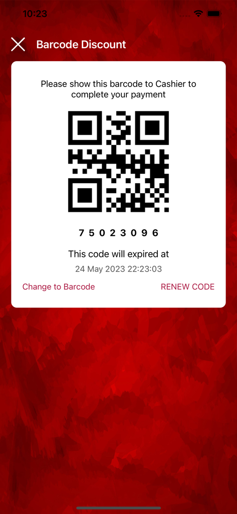 MAP EDS app screen displaying a discount QR code for employee transactions