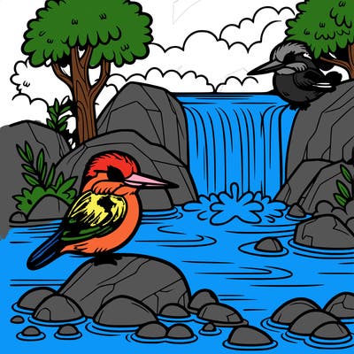 a kingfisher perched near a waterfall