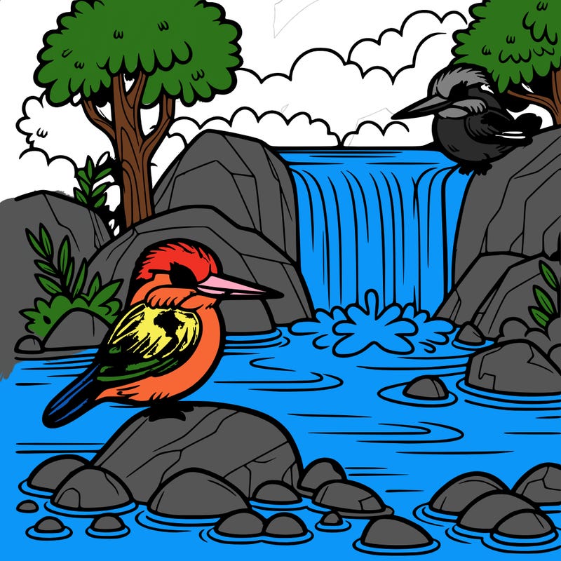 a kingfisher perched near a waterfall