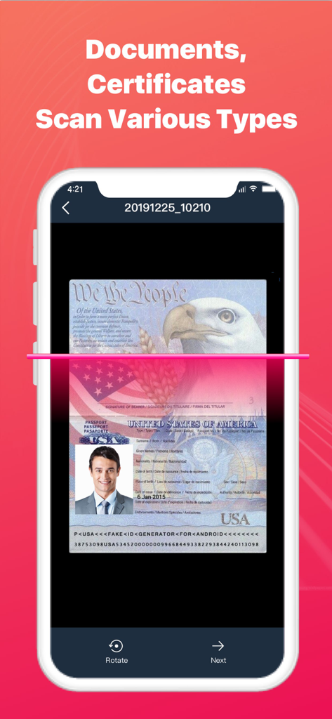 Text Scanner - Image to Text - Smartphone-Bildschirm, der mit OCR-Technologie einen US-Reisepass scannt.