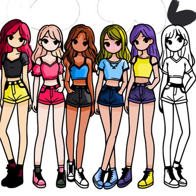 a group of girls wearing crop tops and shorts