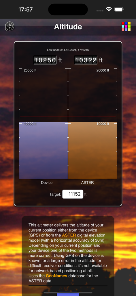 Altitude App - Altitude app interface showing elevation data from device GPS and ASTER digital elevation model