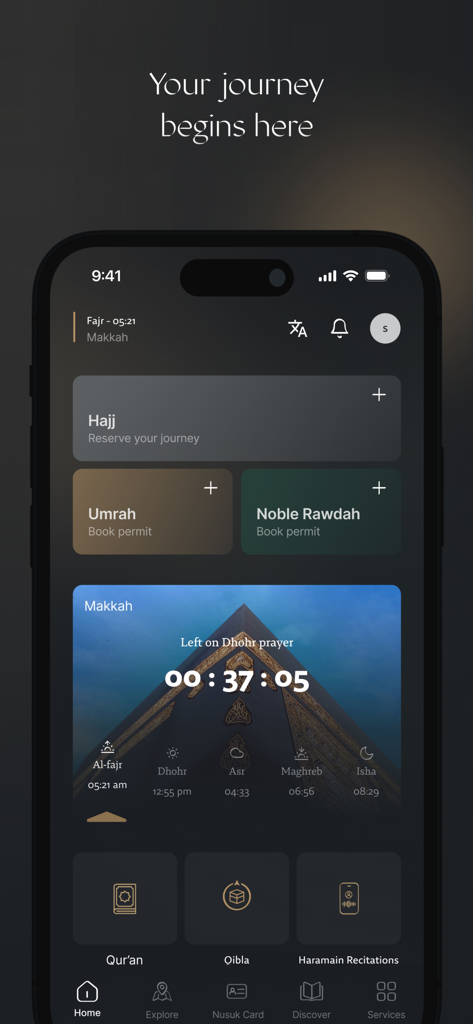 Nusuk app home screen showing Hajj and Umrah permit options and prayer times
