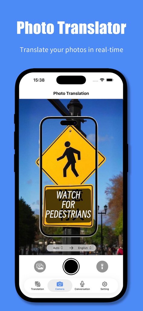 aTranslate - AI Translator - Aplicación móvil aTranslate que muestra la función de traducción de fotos capturando una señal de tráfico