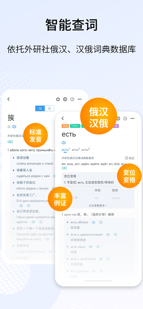 外研社俄语-俄汉汉俄词典-教材资源配套 - Interfaccia dell'app dizionario Russo-Cinese FLTRP con ricerca intelligente delle parole e coniugazione grammaticale