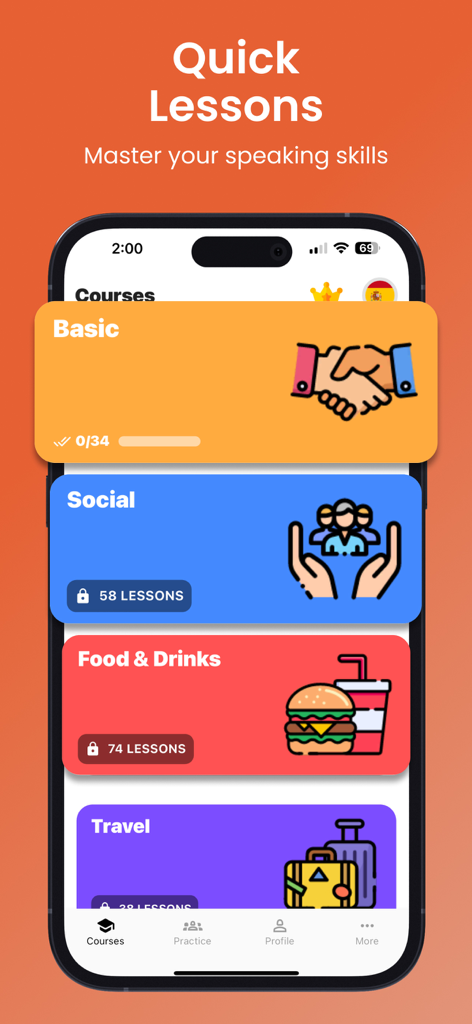 Learn & Speak Fluent Forever - 旅行や社会的な交流のためのスピーキングスキルカテゴリを備えたCapableアプリのクイックレッスンインターフェースを示すスマートフォン画面