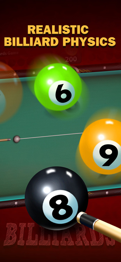 Realistic billiards physics gameplay showing a pool cue aiming at the 8 ball on a green table