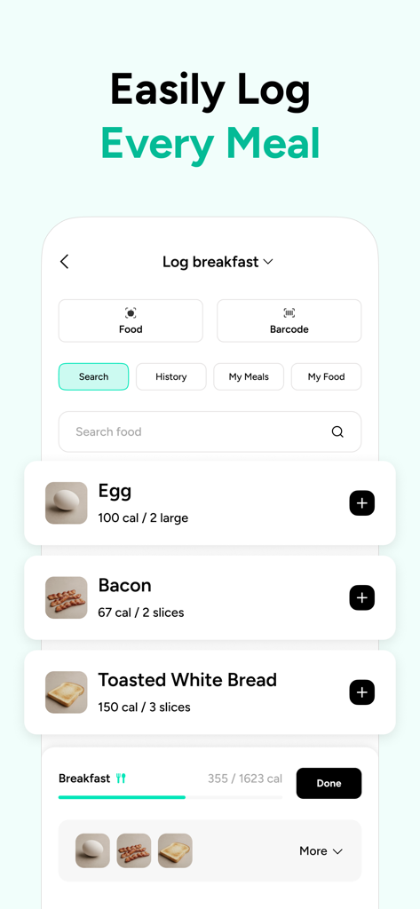 AI Calorie Counter by EatMeter - Pantalla de la aplicación EatMeter mostrando un desayuno registrado con recuentos de calorías para huevos, tocino y tostadas.
