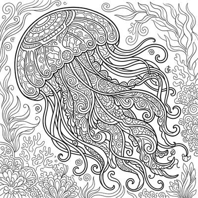 Unleash your creativity with this exquisite adult coloring page featuring the fascinating Immortal Jellyfish. Its intricate patterns and surrounding marine life offer a deeply engaging and relaxing artistic experience.