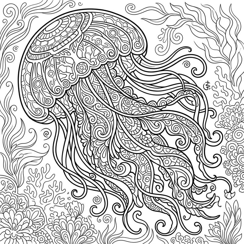 Unleash your creativity with this exquisite adult coloring page featuring the fascinating Immortal Jellyfish. Its intricate patterns and surrounding marine life offer a deeply engaging and relaxing artistic experience.