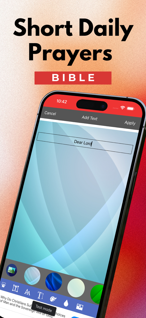 Short Daily Prayers - Bible - Smartphone screen showing the text editing feature in the Short Daily Prayers Bible app to create custom prayer images