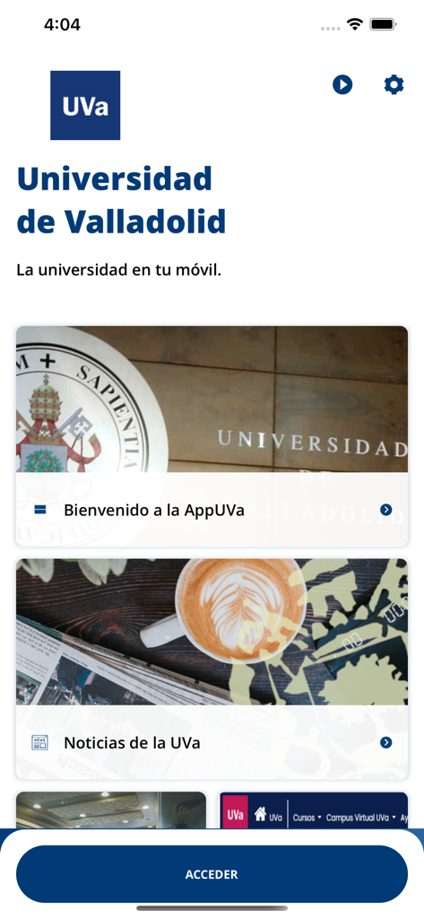 Tela inicial do aplicativo móvel da Universidad de Valladolid com notícias e botão de acesso