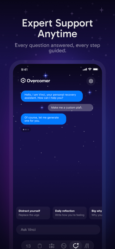Overcomer - Quit Porn Now - Screenshot of the Overcomer app chat interface featuring Vinci the AI recovery assistant providing expert support and custom plans