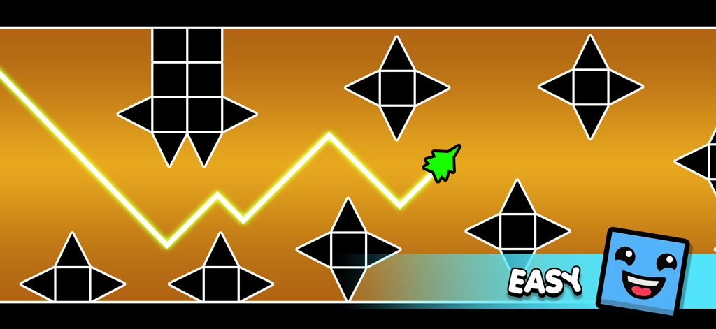 Geometry Vibes - Green arrow dodging geometric obstacles with a glowing yellow trail in Geometry Vibes easy mode
