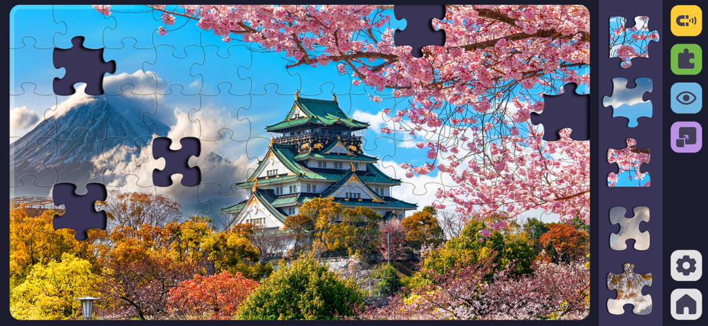 Relax Jigsaw Puzzle for Adults - Interface de quebra-cabeça digital mostrando uma seção completa de um castelo japonês com flores de cerejeira e o Monte Fuji.