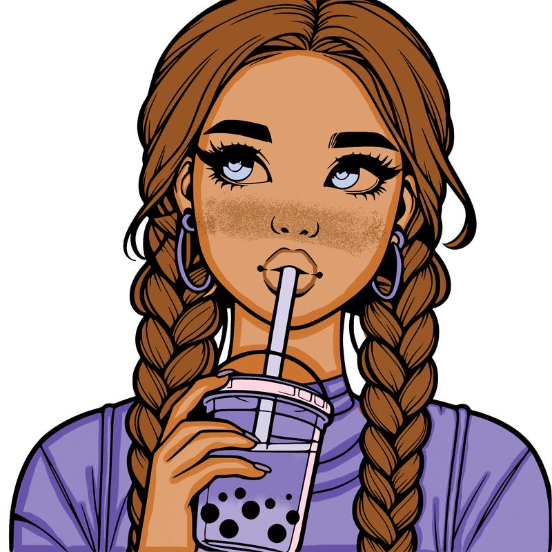 realistic girl with braided hair drinking boba