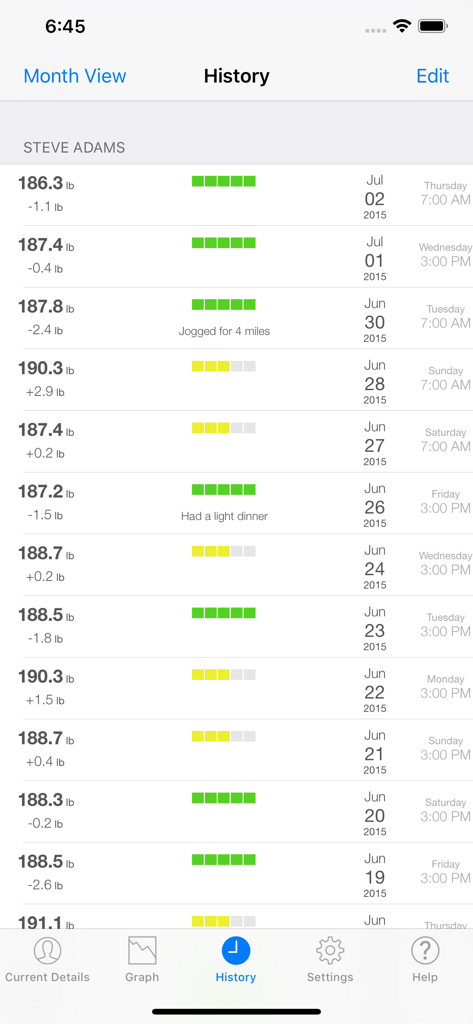 Daily weight history screen showing weight entries change metrics and progress bars