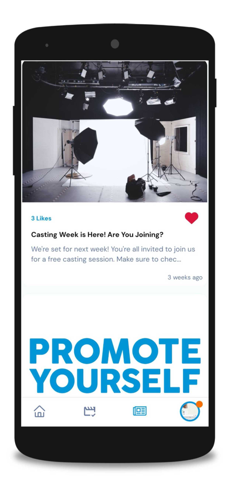 Promote Yourself - Casting - Feed de noticias en la aplicación Promociónate que muestra un anuncio de convocatoria de casting con una foto profesional de estudio de fotografía.