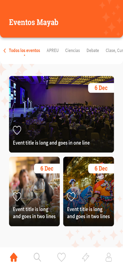 Pantalla de la app móvil mostrando una lista de eventos universitarios con categorías como ciencia y debate para estudiantes.
