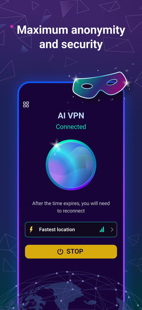 AI VPN mobile application interface showing a successful connection for secure and anonymous browsing